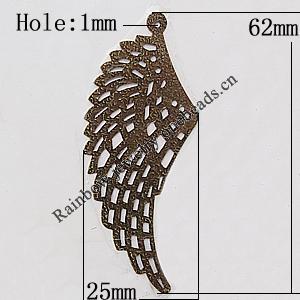 Iron Jewelry Finding Pendant Lead-free, Leaf 62x25mm Hole:1mm, Sold by Bag