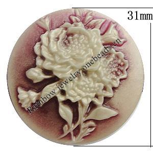 Cameos Resin Beads, No-Hole Jewelry findings, Flat Round 31mm, Sold by Bag