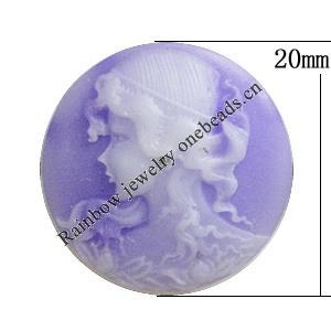 Cameos Resin Beads, NO-Hole Jewelry Finding, Flat Round 20mm, Sold by Bag