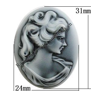 Cameos Resin Beads, NO-Hole Jewelry Finding, Flat Oval 24x31mm, Sold by Bag