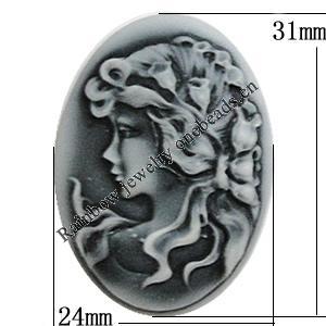Cameos Resin Beads, NO-Hole Jewelry Finding, Flat Oval 24x31mm, Sold by Bag
