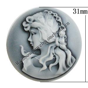 Cameos Resin Beads, NO-Hole Jewelry Finding, Flat Round 31mm, Sold by Bag