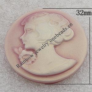 Cameos Resin Beads, No-Hole Jewelry findings, Round 32mm, Sold by Bag