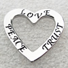 Zinc Alloy Message Pendant, Nickel-free and Lead-free, The Charm with Both Side Word, Heart, 20x22mm, Sold by PC 