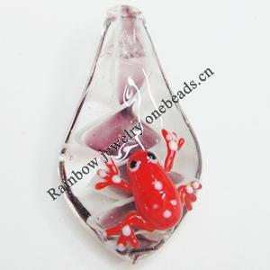 Inner Flower Lampwork Pendant, Leaf with Frog, Approx 30x60mm Hole:About 5mm, Sold by PC 