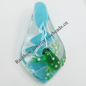 Lampwork Pendant, Leaf with Frog, Approx 30x60mm, Sold by PC