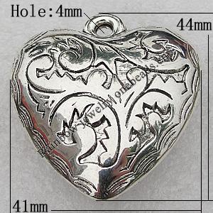 Jewelry findings, CCB Plastic Pendants Antique Silver, Heart 41x44mm Hole:4mm, Sold by Bag