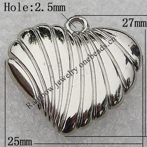 Jewelry findings, CCB Plastic Pendants Platina Plated, Heart 27x25mm Hole:2.5mm, Sold by Bag