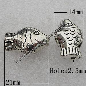 Jewelry findings, CCB Plastic Beads Antique Silver, Fish 21x14mm Hole:2.5mm, Sold by Bag