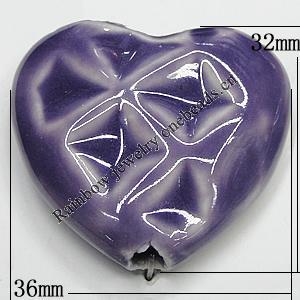 Ceramics Beads, Heart 32x36mm Hole:4mm, Sold by Bag