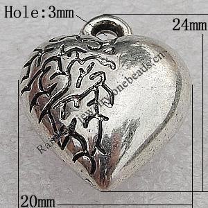 Jewelry findings, CCB Plastic Pendants Antique Silver, Heart 24x20mm Hole:3mm, Sold by Bag
