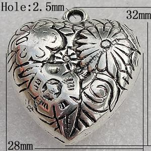 Jewelry findings, CCB Plastic Pendants Antique Silver, Heart 32x28mm Hole:2.5mm, Sold by Bag