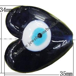 Turkish Handmade Lampwork Glass Evil Eye Beads, Heart 34x35mm Hole:2.5mm, Sold by Bag