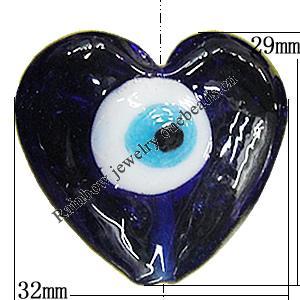 Turkish Handmade Lampwork Glass Evil Eye Beads, Heart 29x32mm Hole:3.5mm, Sold by Bag