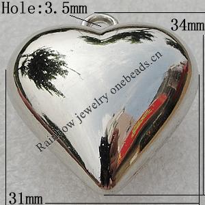 Jewelry findings, CCB Plastic Pendants Platina Plated, Heart 34x31mm Hole:3.5mm, Sold by Bag