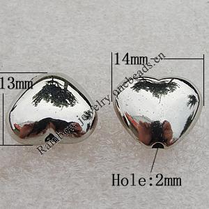 Jewelry findings, CCB Plastic Beads Platina Plated, Heart 14x13mm Hole:2mm, Sold by Bag