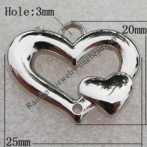 Jewelry findings, CCB Plastic Pendants Platina Plated, Heart 25x20mm Hole:3mm, Sold by Bag