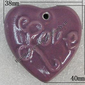 Porcelain Pendants, Heart 40x38mm Hole:3mm, Sold by Bag