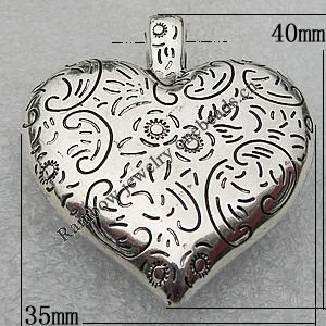 Jewelry findings, CCB Plastic Pendant Antique Silver, Heart 40x35mm Hole:3mm, Sold by Bag