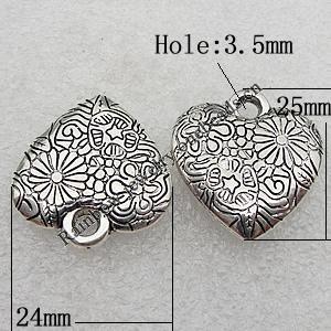 Jewelry findings, CCB Plastic Pendant Antique Silver, Heart 25x24mm Hole:3.5mm, Sold by Bag
