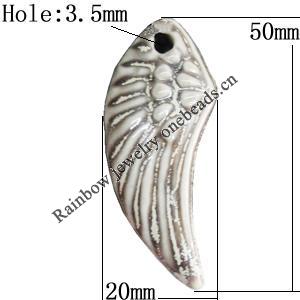 Porcelain Pendants，Wing 50x20mm Hole:3.5mm, Sold by Bag 