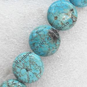 Turquoise Beads，Flat Round, 26x9mm, Hole:Approx 1mm, Sold per 15.7-inch Strand