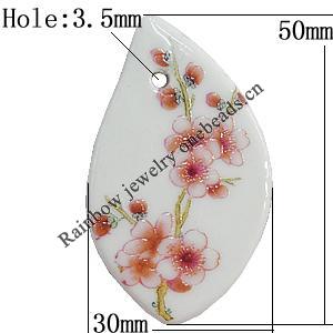 Porcelain Pendants，Leaf 50x30mm Hole:3.5mm, Sold by Bag 