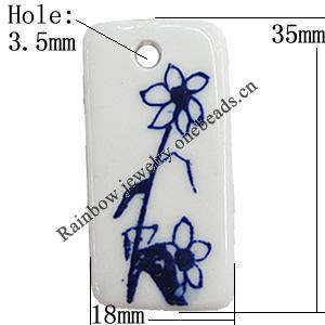 Porcelain Pendants，Rectangle 35x18mm Hole:3.5mm, Sold by Bag 