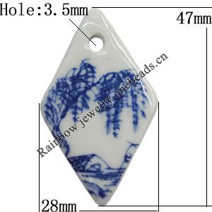 Porcelain Pendants，Diamond 47x28mm Hole:3.5mm, Sold by Bag 