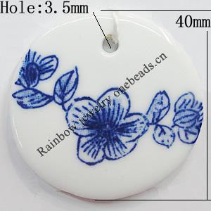 Porcelain Pendants，Flat Round 40mm Hole:3.5mm, Sold by Bag 