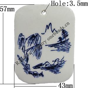 Porcelain Pendants，Rectangle 57x43mm Hole:3.5mm, Sold by Bag 