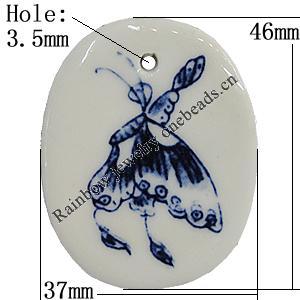 Porcelain Pendants，Flat Oval 46x37mm Hole:3.5mm, Sold by Bag 