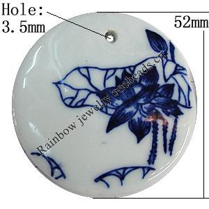 Porcelain Pendants，Flat Round 52mm Hole:3.5mm, Sold by Bag 