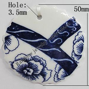 Porcelain Pendants，Flat Round 50mm Hole:3.5mm, Sold by Bag 