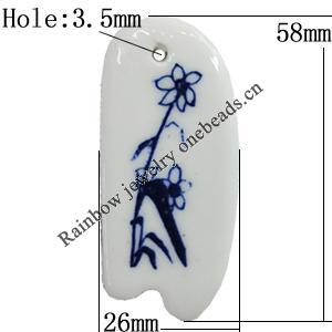 Porcelain Pendants，Nugget 58x26mm Hole:3.5mm, Sold by Bag 