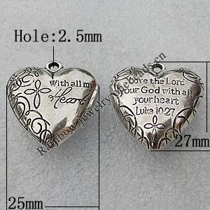 Jewelry findings, CCB Plastic Pendant Antique Silver, Heart 27x25mm Hole:2.5mm, Sold by Bag