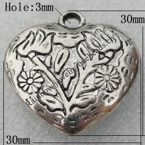 Jewelry findings, CCB Plastic Pendant Antique Silver, Heart 30x30mm Hole:3mm, Sold by Bag