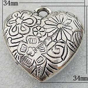 Jewelry findings, CCB Plastic Pendant Antique Silver, Heart 34x34mm Hole:3.5mm, Sold by Bag