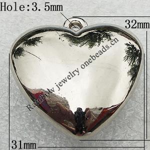 Jewelry findings, CCB Plastic Pendant Platina Plated, Heart 32x31mm Hole:1.5mm, Sold by Bag