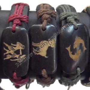 Cowhide with Ox Bone Bracelet，wideth:12mm, Length:17cm, Sold by Dozen