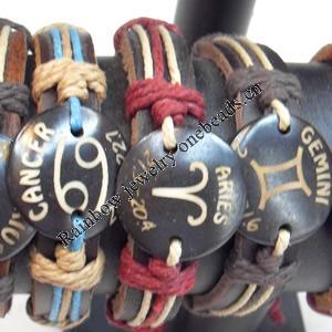 Cowhide with Ox Bone Bracelet，wideth:12mm, Length:17cm, Sold by Dozen