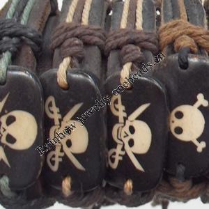 Cowhide with Ox Bone Bracelet，wideth:12mm, Length:17cm, Sold by Dozen