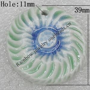 Ceramics Pendants, Flat Round 39x13mm Hole:11mm, Sold by PC