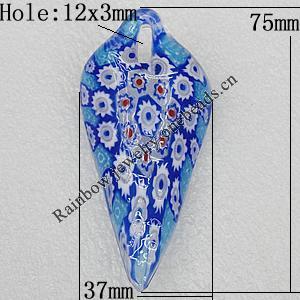 Millefiori Glass Pendants, Leaf 75x37mm Hole:12x3mm, Sold by PC