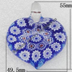 Millefiori Glass Pendants, Heart 55x49.5mm Hole:5mm, Sold by PC