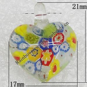 Millefiori Glass Pendants, Heart 21x17mm Hole:3mm, Sold by PC