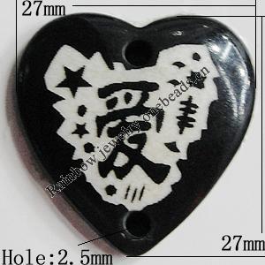 Resin Connectors, Heart 27x27mm Hole:2.5mm, Sold by Bag