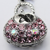 Zinc Alloy Charm/Pendant with Crystal, Nickel-free & Lead-free, A Grade Handbag 17x22mm Hole:2mm, Sold by PC