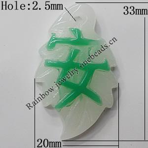 Resin Pendants, Leaf 33x20mm Hole:2.5mm, Sold by Bag