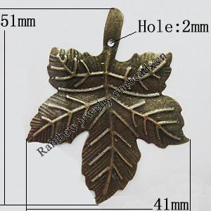 Iron Jewelry Finding Pendant Lead-free, Leaf 51x41mm Hole:2mm, Sold by Bag